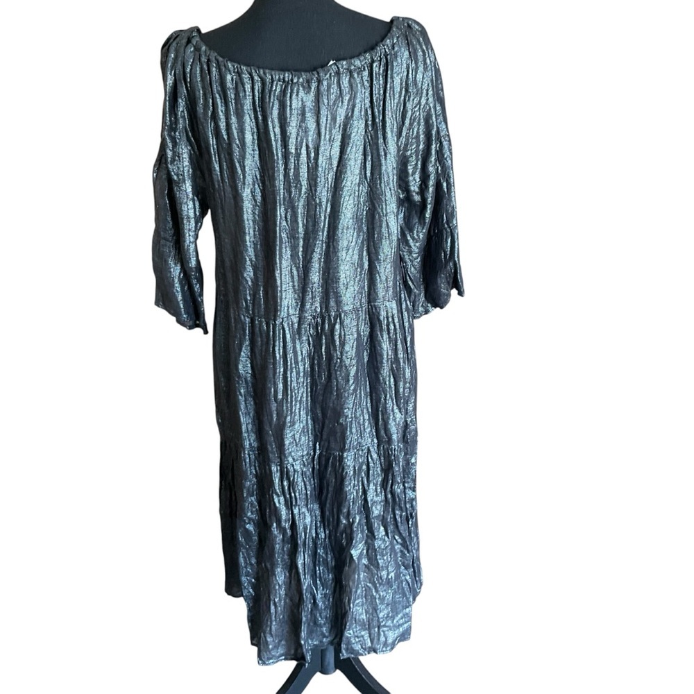 Zyga Ferry Black Linen Dress Size S Metallic Shimmer Boho Peasant Midi - Picture 3 of 10